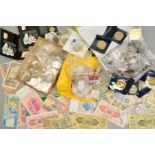 TWO BOXES AND BAG OF MAINLY UK COINAGE, to include 15 UK five pound coins, a Jersey Poppy five pound