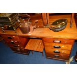 A MID 20TH CENTURY MAHOGANY PEDESTAL DESK with eight drawers, width 159cm x depth 88cm x height