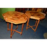 TWO SIMILAR BESPOKE OCTAGONAL OCCASIONAL TABLES, with parquetry multi specimen wood inlay top on