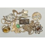 A SELECTION OF MAINLY SILVER AND WHITE METAL JEWELLERY, to include a quartz oval cabochon brooch,