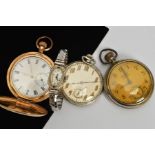THREE POCKET WATCHES AND AN EARLY 20TH DENTURY 18CT GOLD DIAMOND AND SAOOHIRE WATCH HEAD, to include