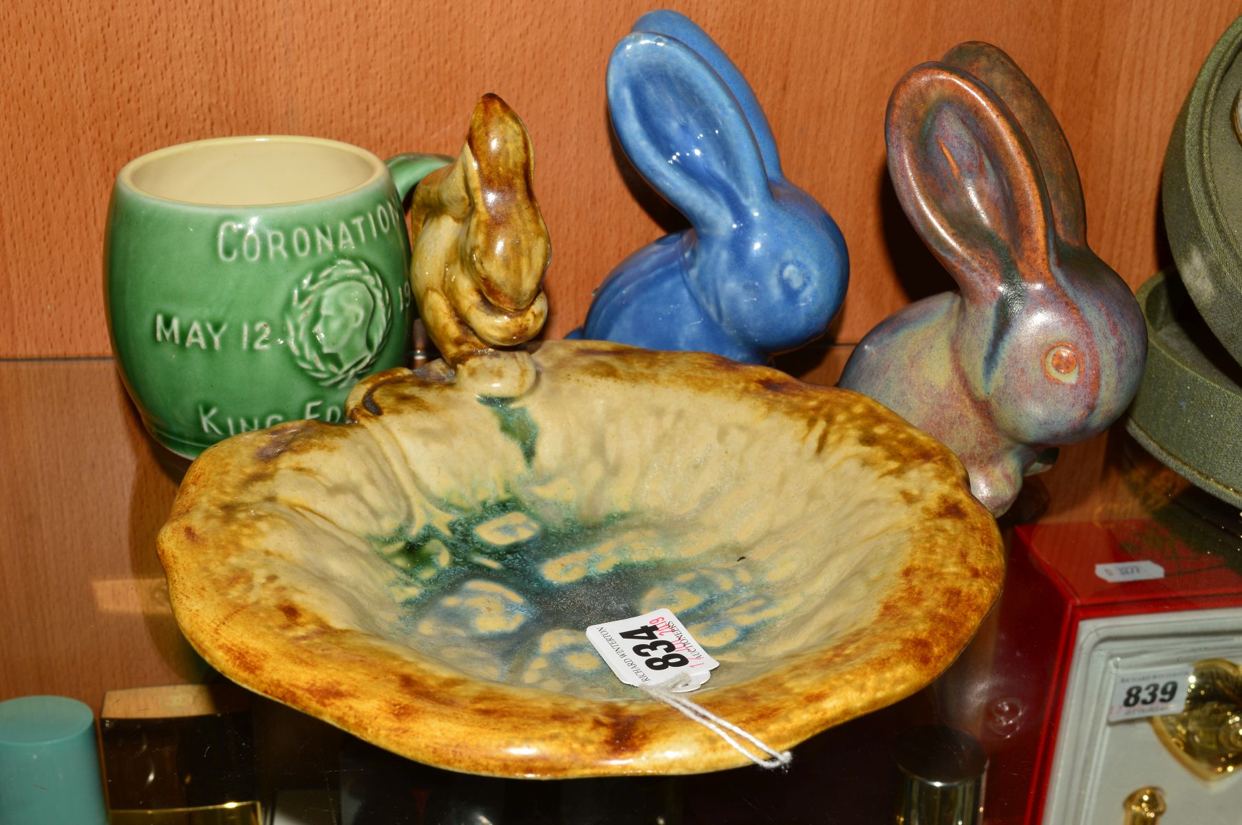 A BOURNE DANESBY WARE POTTERY SQUIRREL BOWL, diameter 20cm, together with two Danesby ware '