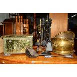 A BRASS SLIPPER BOX, brass coal bucket, two various fire iron sets etc