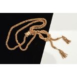 A MODERN 9CT GOLD MESH LINK TASSEL DESIGN NECKLET, fitted to a box link clasp, necklet measuring