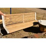 A GALVANISED METAL FRAMED REAR GROUND FITTED OUTDOOR PARK BENCH, with teak slats, width 200cm x