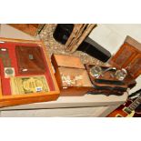 A VICTORIAN INK STAND WITH SINGLE DRAW AND TWO INK BOTTLES, a box of Mahjong tiles and counting