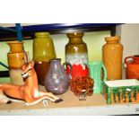 A GROUP OF WEST GERMAN POTTERY VASES, various coloured glazes, a ceramic antelope, a glass vase,