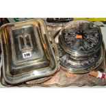 A SILVER PLATED ENTREE DISH AND COVER, a quantity of Arthur Price place mats, two trays, etc
