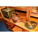 AN EARLY 20TH CENTURY SQUARE BRASS PLANTER, a copper kettle and a warming pan (3)