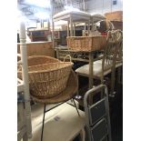A COLLECTION OF WICKER ITEMS, to include a satellite chair, picnic basket, etc and an oak framed