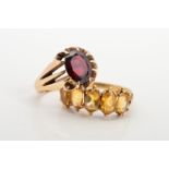 TWO GEM RINGS, the first designed as an oval claw set garnet to the tapered band, stamped 9ct,