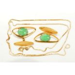 A PAIR OF JADE CUFFLINKS AND A CHAIN NECKLACE, the cufflinks designed as a central oval cabochon