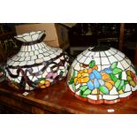 A LARGE TIFFANY STYLE LAMP SHADE, diameter 48cm together with a similar smaller lamp shade, diameter