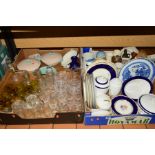 FOUR BOXES OF CERAMICS AND GLASSWARES to include early Derby dinnerwares and unfinished Derby, T G