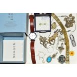 A SELECTION OF JEWELLERY, to include a Skagan wrist watch with brown leather strap, with maker's