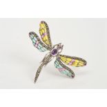 A PLIQUE-A-JOUR ENAMEL, GEM AND MARCASITE DRAGONFLY BROOCH/PENDANT, designed with an oval amethyst