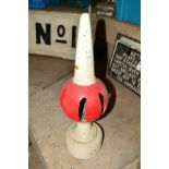 A CAST IRON BALL & SPIKE SIGNAL POST FINIAL, restored, white with red ball, stamped G179CA and E,