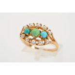 A 9CT GOLD GEM AND SPLIT PEARL RING, designed as a central line of three circular turquoise and