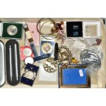 A BOX OF MISCELLANEOUS ITEMS, to include two Pandora rings, a small silver open face pocket watch, a