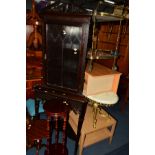 AN ONYX OVAL BRASS FRAMED COFFEE TABLE, a Victorian mahogany swing mirror, an Italian two tier tea