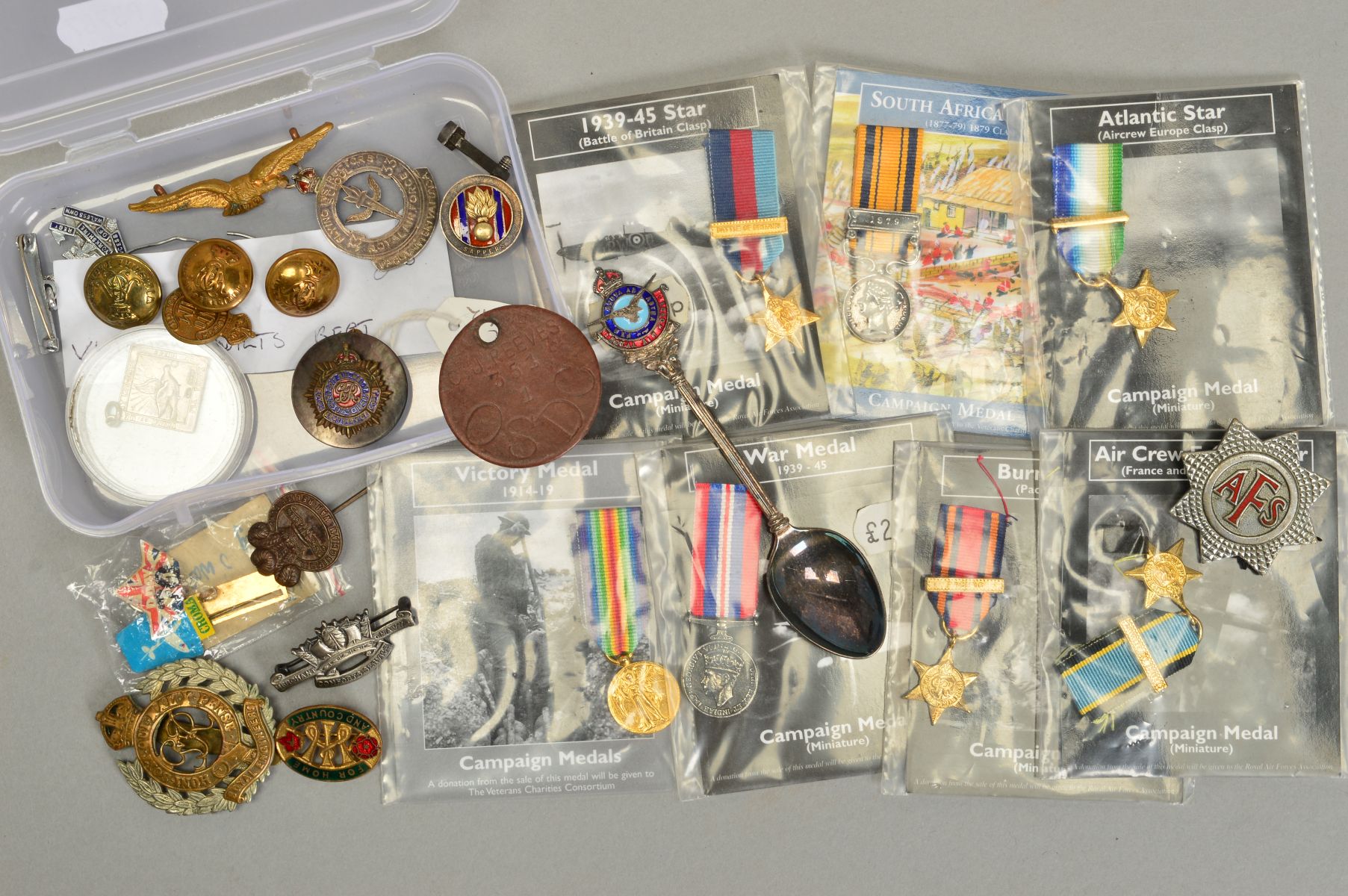 A SMALL PLASTIC BOX CONTAINING A NUMBER OF MILITARY ITEMS, to include copy miniature medals, uniform