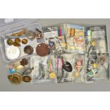 A SMALL PLASTIC BOX CONTAINING A NUMBER OF MILITARY ITEMS, to include copy miniature medals, uniform
