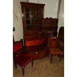 A MID 20TH CENTURY OAK STICK BACK CHAIR, pair of Edwardian chairs and an Edwardian hall chair (
