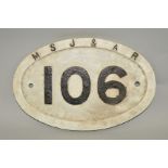 A CAST IRON MANCHESTER SOUTH JUNCTION AND ALTRINCHAM RAILWAY BRIDGE PLATE, No.106, raised black