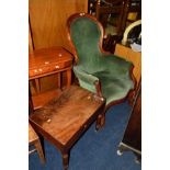A VICTORIAN WALNUT SPOON BACK ARMCHAIR, with green velour upholstery together with a Georgian