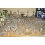 A COLLECTION OF GLASSWARE including Tutbury Crystal bowl, assorted drinking glasses, decanters,