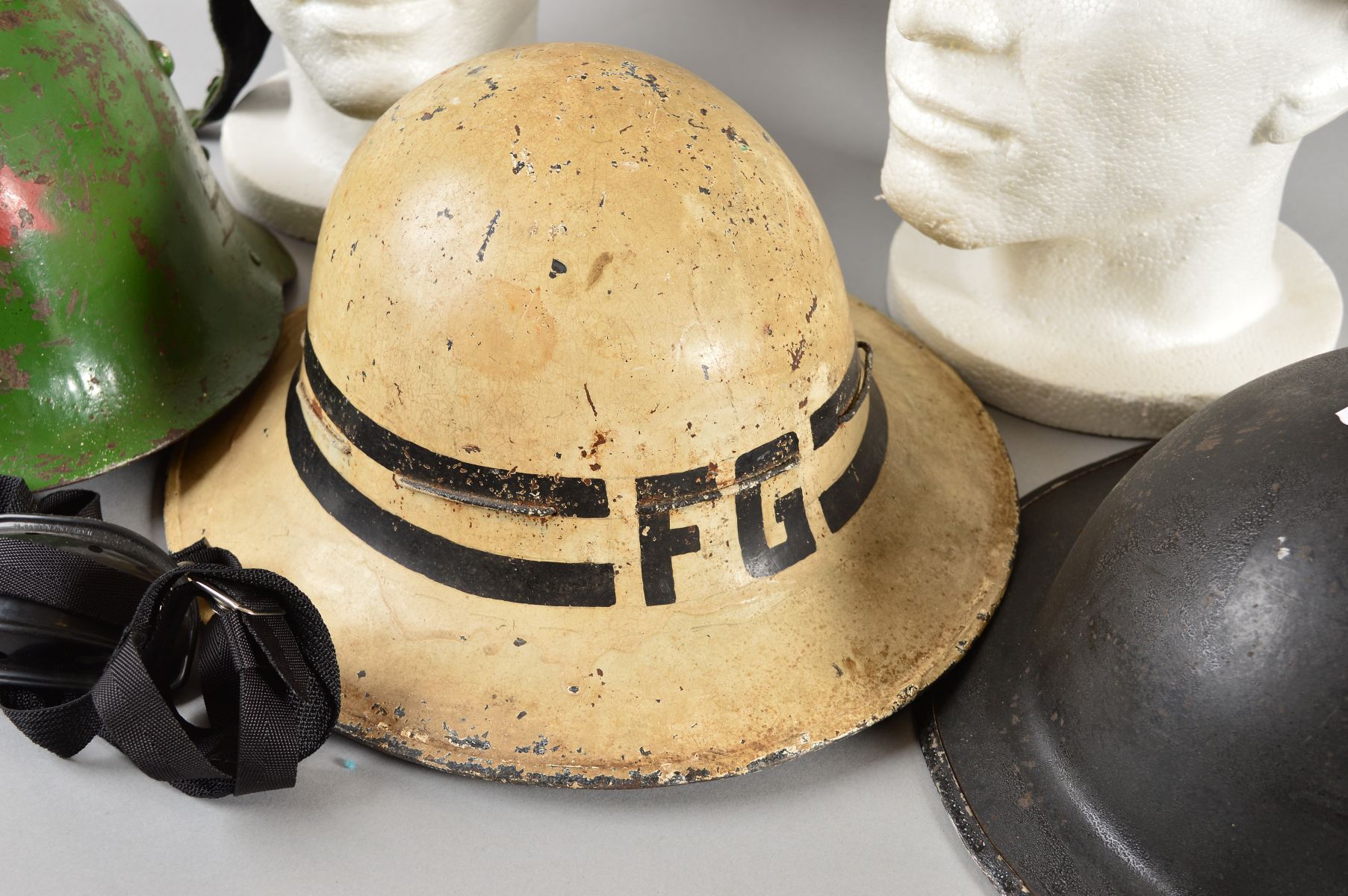 A BOX CONTAINING FIVE MILITARY HELMETS, as follows, Post War WWII era Eastern Block helmet, green - Image 2 of 8