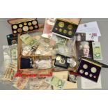 A BOX OF COINS AND BANKNOTES, to include a 1953 cased year set, two Virgin Islands year sets,