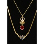 TWO 9CT GOLD GEM SET NECKLACES, the first a garnet and seed pearl pendant necklace, the oval claw