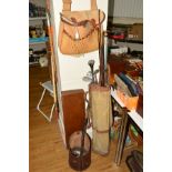 A BRADY GAME BAG, a wooden gun case, a small quantity of fishing rods, damaged, golf bag and golf