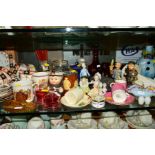 VARIOUS ORNAMENTS, TEAWARES, GLASS, etc, to include two Murano glass clown decanters, Parian ware