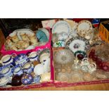 FOUR BOXES OF CERAMICS AND GLASSWARE, including blue and white printed pottery, Colclough Braganza