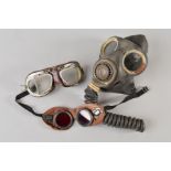 A PAIR OF FLYING GOGGLES, no straps, flying goggles attachments with infra red lenses, leather