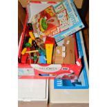 A SMALL BOX OF TOYS, to include Brio wooden items, Lotto, etc, together with a boxed Illuminated