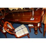 A VICTORIAN MAHOGANY REFECTORY DINING TABLE, width 159cm x length 97cm x height 74cm and five dining