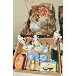 TWO NAO FIGURES OF CHILDREN, five shoe ornaments, Wedgwood jasperware trinket boxes, glassware,