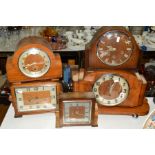 FIVE MANTLE CLOCKS to include a large Art Deco example with chrome hands, silvered chapter ring