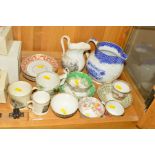 A GROUP OF 19TH CENTURY TRANSFER PRINTED WARES AND ENGLISH PORCELAIN TEA CUPS AND SAUCERS, to