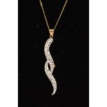 A PENDANT NECKLACE, the pendant designed as two tapered interlocking curved lines set with