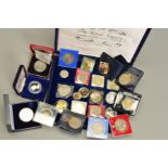 A COIN CASE OF COINS AND COMMEMORATIVES, to include three silver proof crown size coins, Aldeney,