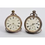 TWO EARLY 20TH CENTURY SILVER OPEN FACE POCKET WATCHES, both with white faces, black Roman numeral