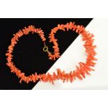 A BRANCH CORAL NECKLACE, branch corals graduating in size, strung plain to base metal bolt ring,