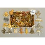 A BOX OF BRITISH MAINLY MILITARY CAP BADGES, etc, over 40 in number, various Regiments Corps, etc,