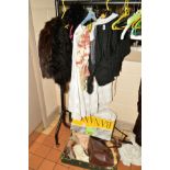 VARIOUS LINEN, LACE, FUR CLOTHES, TABLECLOTHS ETC, to include fur stoles, lace petticoats, feather