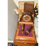 AN ENFIELD CHIMING CLOCK together with a distressed stationary box, Tamron 4x magnification mono