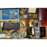 A BOX OF MAINLY COSTUME JEWELLERY, to include necklaces, bangles, brooches, cufflinks, pens, a